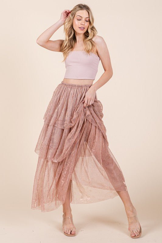 Elastic Waisted Embossed Mesh Tiered Ruffle Skirt - KOKOTETE