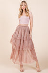 Elastic Waisted Embossed Mesh Tiered Ruffle Skirt - KOKOTETE