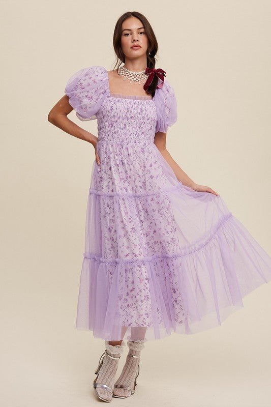 Floral Print and Mesh Puff Sleeve Maxi Dress - KOKOTETE