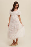 Floral Print and Mesh Puff Sleeve Maxi Dress - KOKOTETE