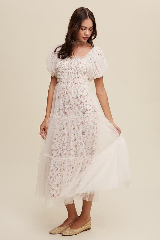 Floral Print and Mesh Puff Sleeve Maxi Dress - KOKOTETE