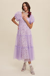 Floral Print and Mesh Puff Sleeve Maxi Dress - KOKOTETE