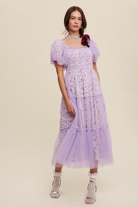 Floral Print and Mesh Puff Sleeve Maxi Dress - KOKOTETE