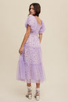 Floral Print and Mesh Puff Sleeve Maxi Dress - KOKOTETE