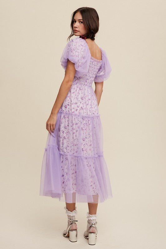 Floral Print and Mesh Puff Sleeve Maxi Dress - KOKOTETE
