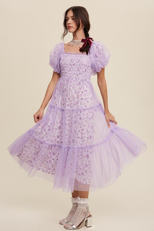 Floral Print and Mesh Puff Sleeve Maxi Dress - KOKOTETE