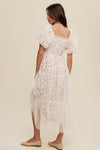 Floral Print and Mesh Puff Sleeve Maxi Dress - KOKOTETE