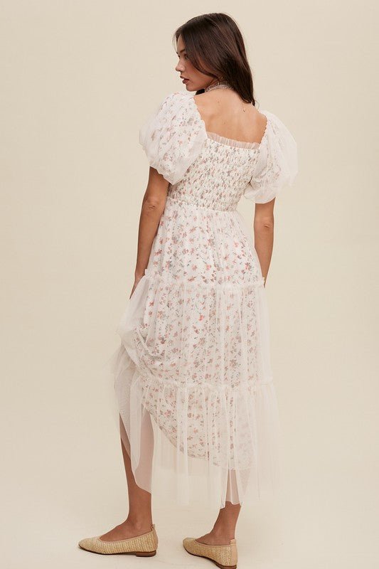 Floral Print and Mesh Puff Sleeve Maxi Dress - KOKOTETE