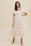 Floral Print and Mesh Puff Sleeve Maxi Dress - KOKOTETE
