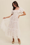 Floral Print and Mesh Puff Sleeve Maxi Dress - KOKOTETE