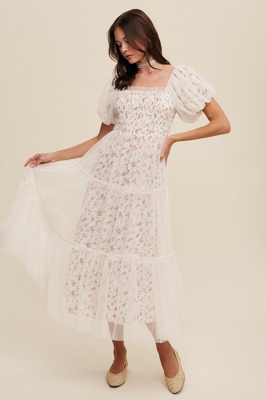 Floral Print and Mesh Puff Sleeve Maxi Dress - KOKOTETE