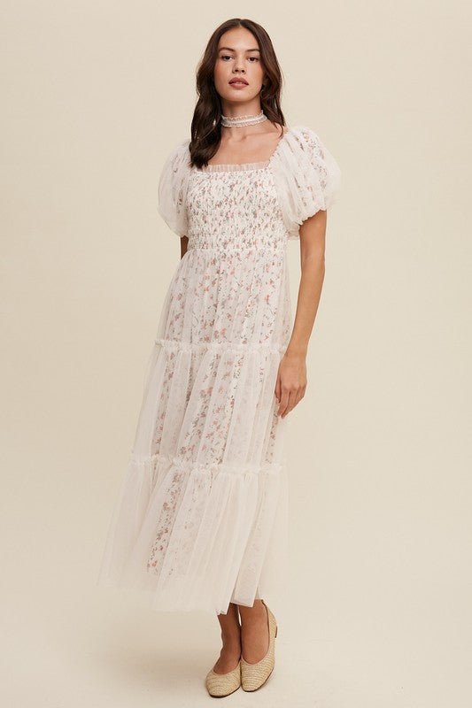 Floral Print and Mesh Puff Sleeve Maxi Dress - KOKOTETE
