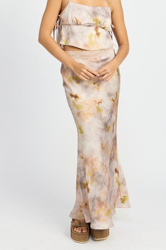 FLORAL PRINTED SATIN MAXI SKIRT - KOKOTETE