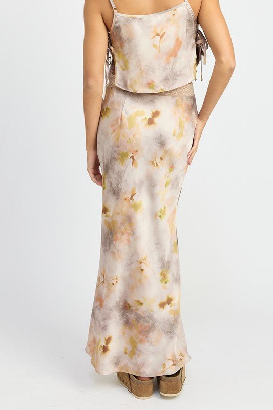 FLORAL PRINTED SATIN MAXI SKIRT - KOKOTETE