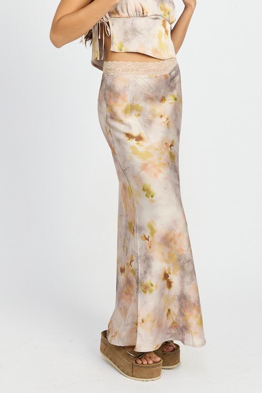 FLORAL PRINTED SATIN MAXI SKIRT - KOKOTETE
