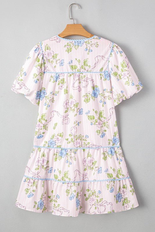 Floral Stripe Contrast Tie Split Neck Mini Dress - KOKOTETE