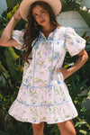 Floral Stripe Contrast Tie Split Neck Mini Dress - KOKOTETE