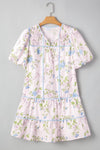 Floral Stripe Contrast Tie Split Neck Mini Dress - KOKOTETE