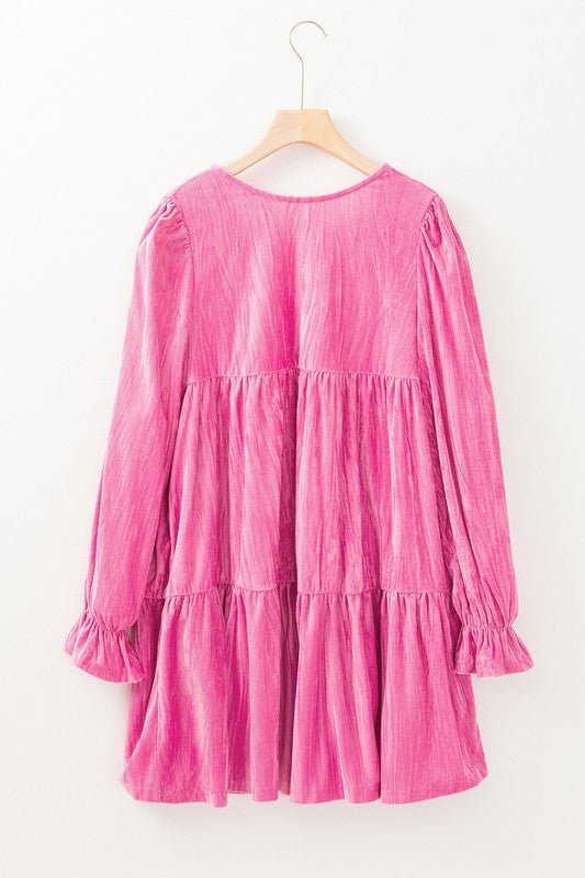 Flounce Sleeve Tiered Ruffled Velvet Mini Dress - KOKOTETE