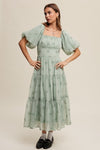 Flower Embroidered Puff Sleeve Tiered Maxi Dress - KOKOTETE