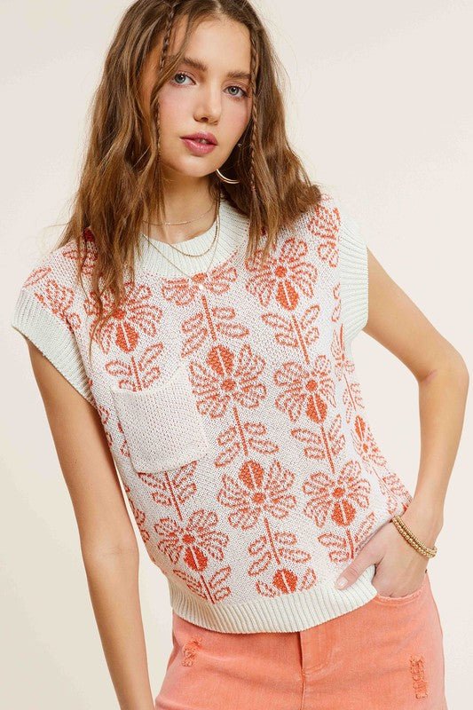 Flower Pattern Sleeveless Sweater Top - KOKOTETE
