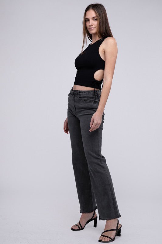 Frayed Cutoff Hem Straight Wide Pants - KOKOTETE