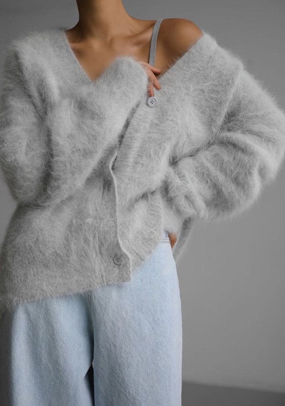 Fuzzy oversized button front cardigan - KOKOTETE