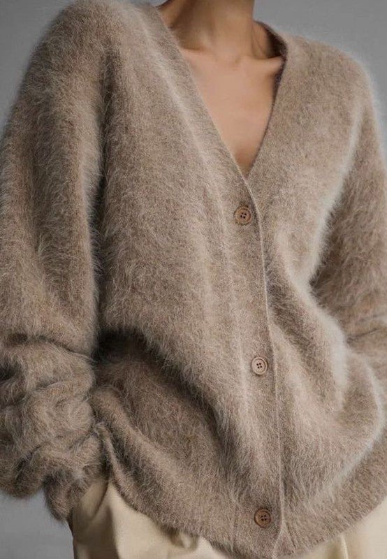 Fuzzy oversized button front cardigan - KOKOTETE
