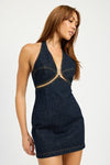 HALTER NECK MINI DENIM DRESS WITH CUT OUT - KOKOTETE