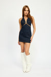 HALTER NECK MINI DENIM DRESS WITH CUT OUT - KOKOTETE