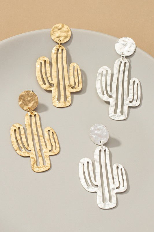 Hammered thin metal openwork cactus drop earrings - KOKOTETE