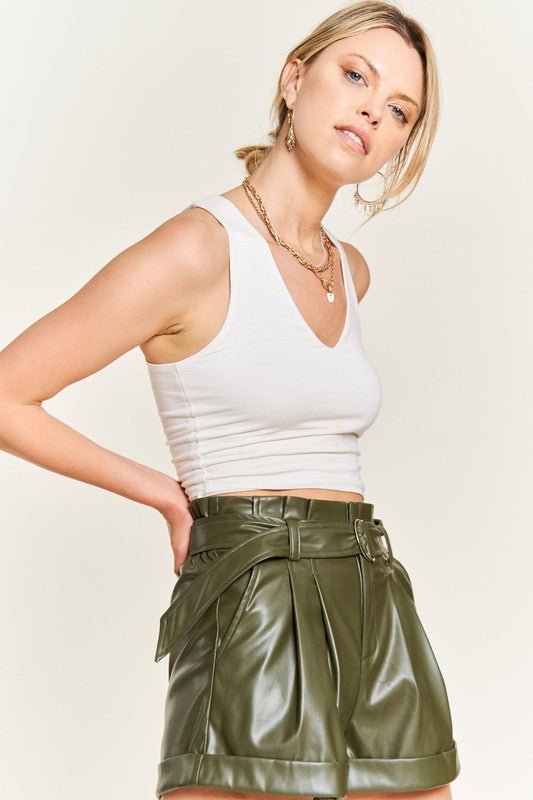High - rise waist Belted Faux Leather Short JJB5001 - KOKOTETE