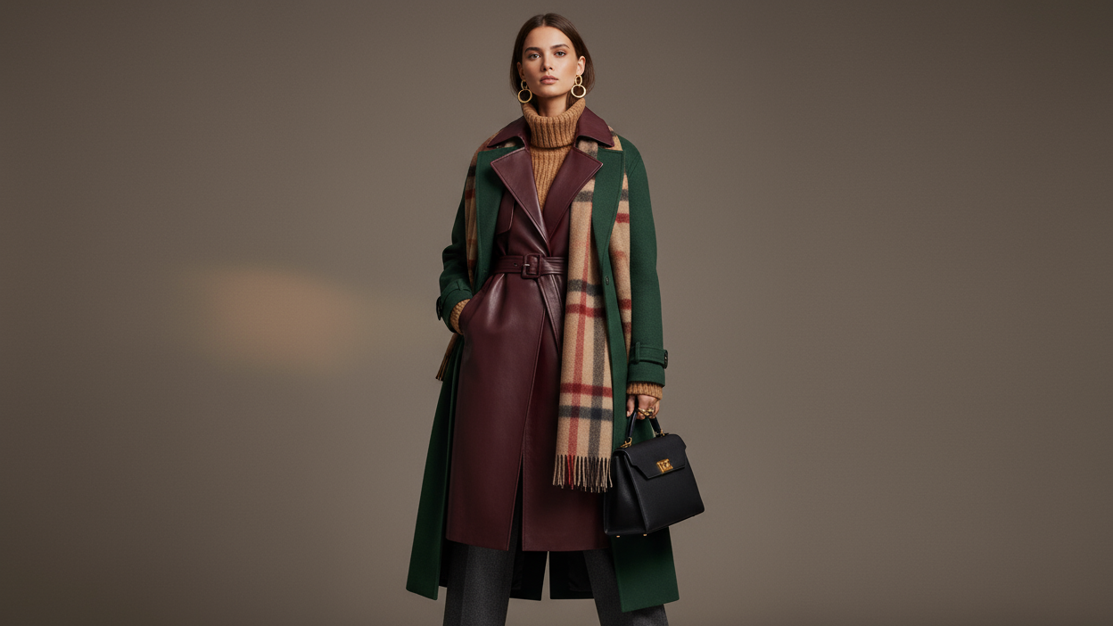 Woman wearing a green coat, burgundy dress, and plaid scarf against a neutral background