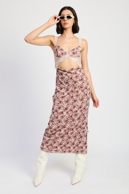 LACE CONTRASTED MIDI DRESS WITH SIDE SLIT - KOKOTETE