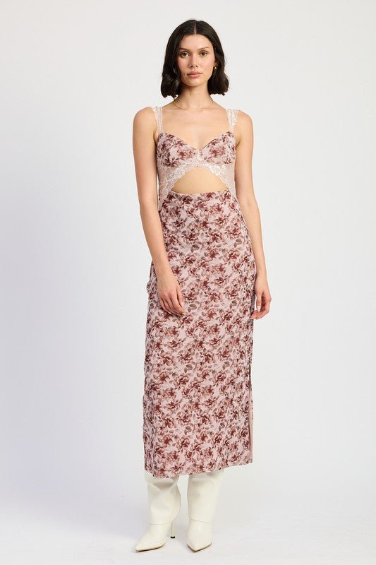 LACE CONTRASTED MIDI DRESS WITH SIDE SLIT - KOKOTETE