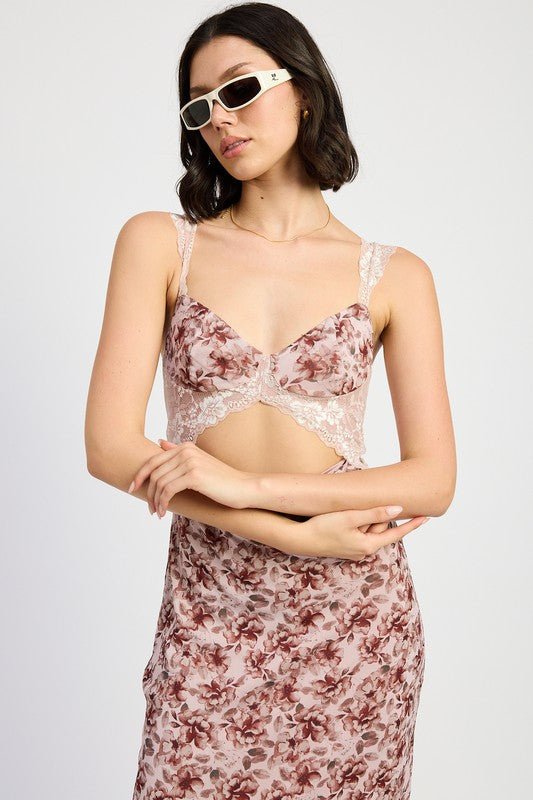 LACE CONTRASTED MIDI DRESS WITH SIDE SLIT - KOKOTETE