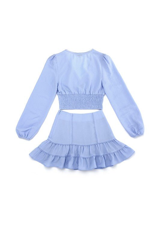 Lace trimmed smocking blouse and skirt set - KOKOTETE