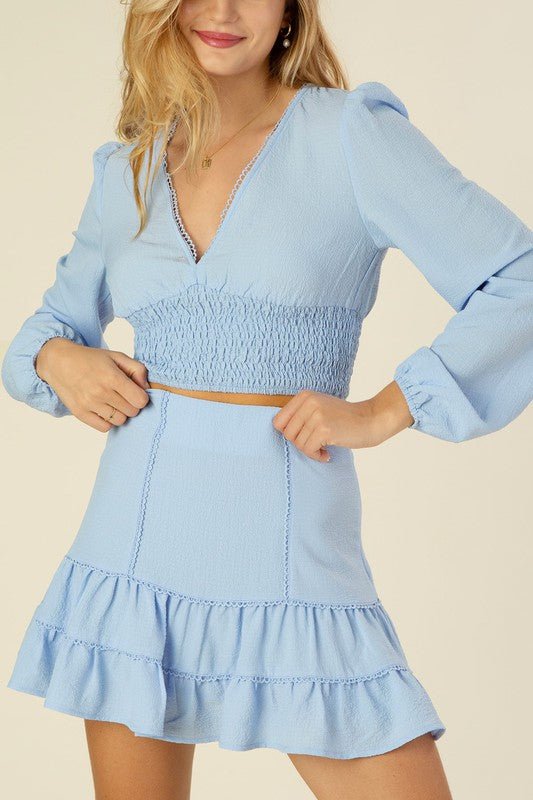 Lace trimmed smocking blouse and skirt set - KOKOTETE