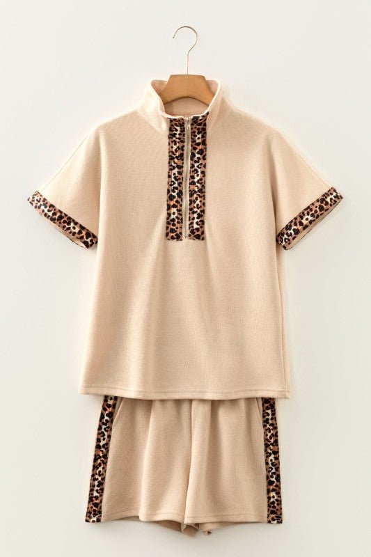 Leopard Trim Half - Zip Top and Shorts Set - KOKOTETE
