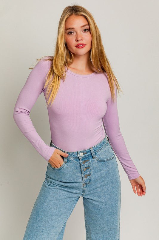 Long Sleeve Round Neck Ribbed Bodysuit - KOKOTETE
