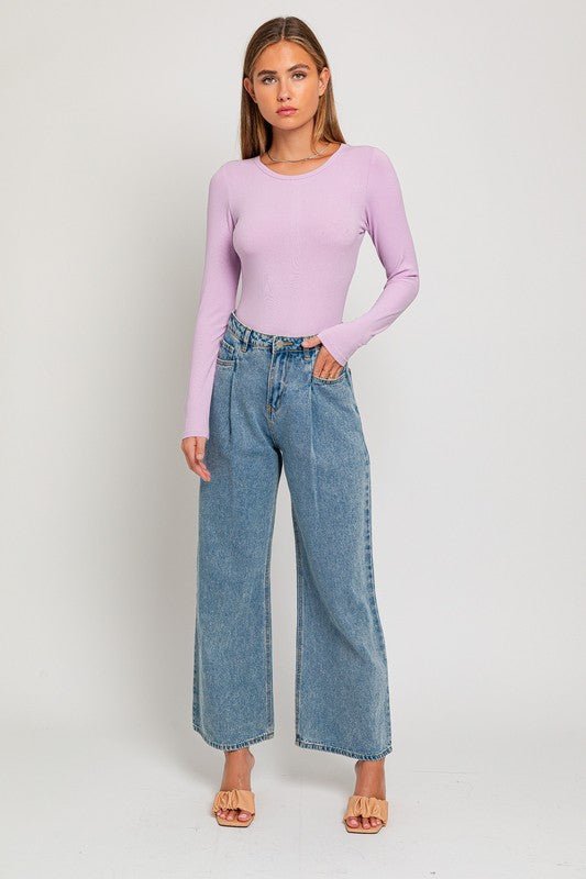 Long Sleeve Round Neck Ribbed Bodysuit - KOKOTETE