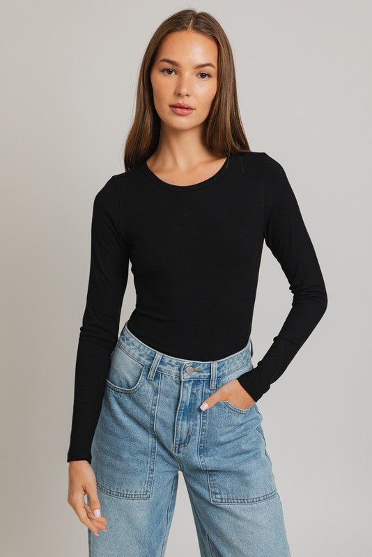 Long Sleeve Round Neck Ribbed Bodysuit - KOKOTETE