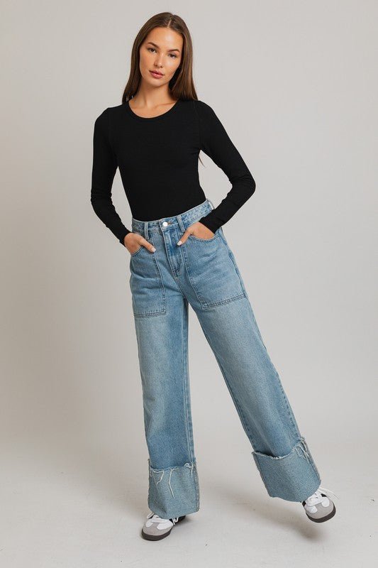 Long Sleeve Round Neck Ribbed Bodysuit - KOKOTETE