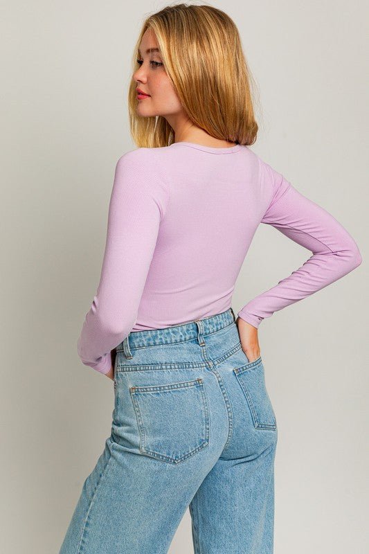 Long Sleeve Round Neck Ribbed Bodysuit - KOKOTETE