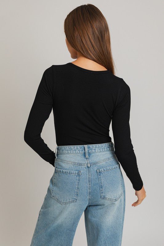 Long Sleeve Round Neck Ribbed Bodysuit - KOKOTETE
