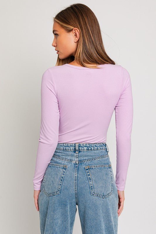 Long Sleeve Round Neck Ribbed Bodysuit - KOKOTETE