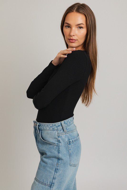 Long Sleeve Round Neck Ribbed Bodysuit - KOKOTETE