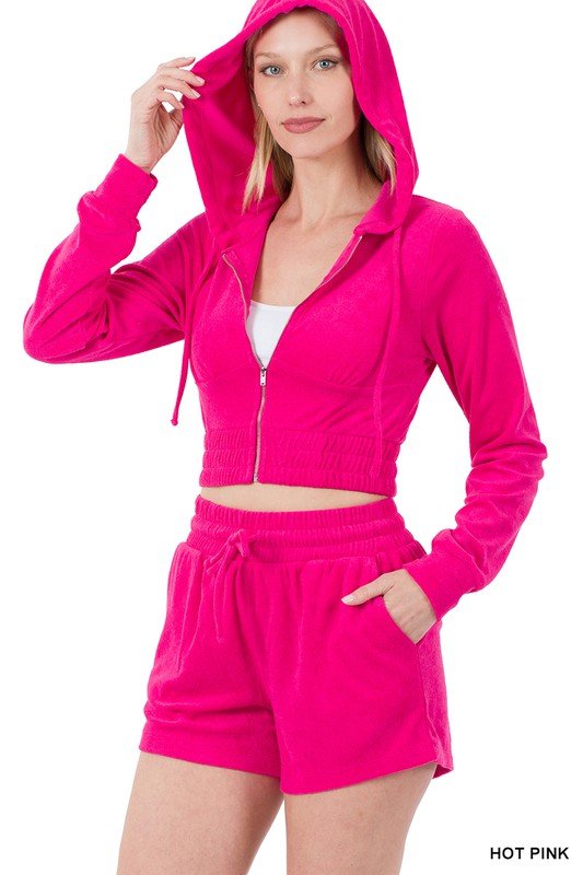 Loop Terry Zip Up Cropped Hoodie & Shorts Set - KOKOTETE