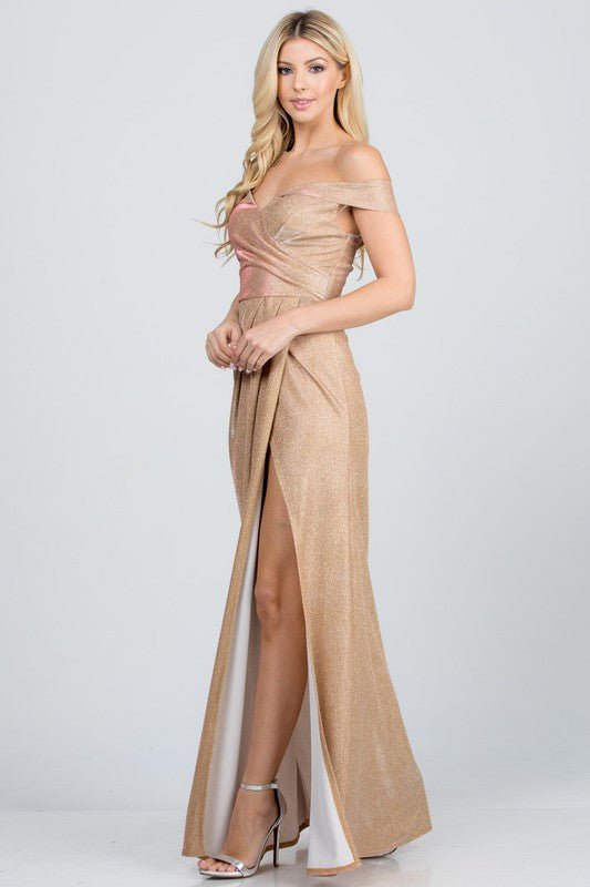 Off the shoulder glittery jacquard gathered gown - KOKOTETE
