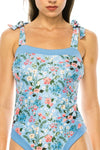 ONE PIECE BATHING SUIT FLORAL PRINT SHOULER TOP TI - KOKOTETE